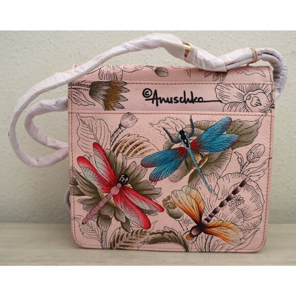 Anuschka Pink Dragonflies Hand-Painted Leather Crossbody Bag RFID Protection - Picture 2 of 10
